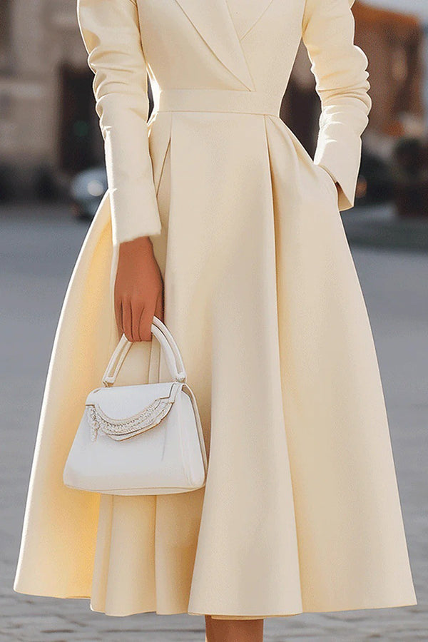 Robe Midi Ajustée à Col V Élégante à Manches Longues