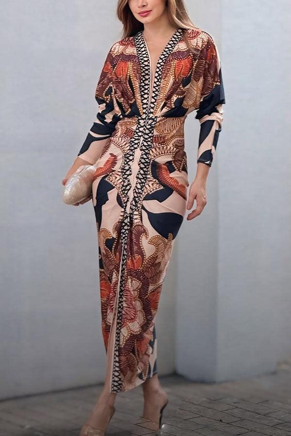 Robe Midi à Imprimé Unique avec Manches Dolman et Fente Froncée