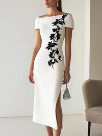 Robe Midi à Col Bateau avec Imprimé Floral Chic