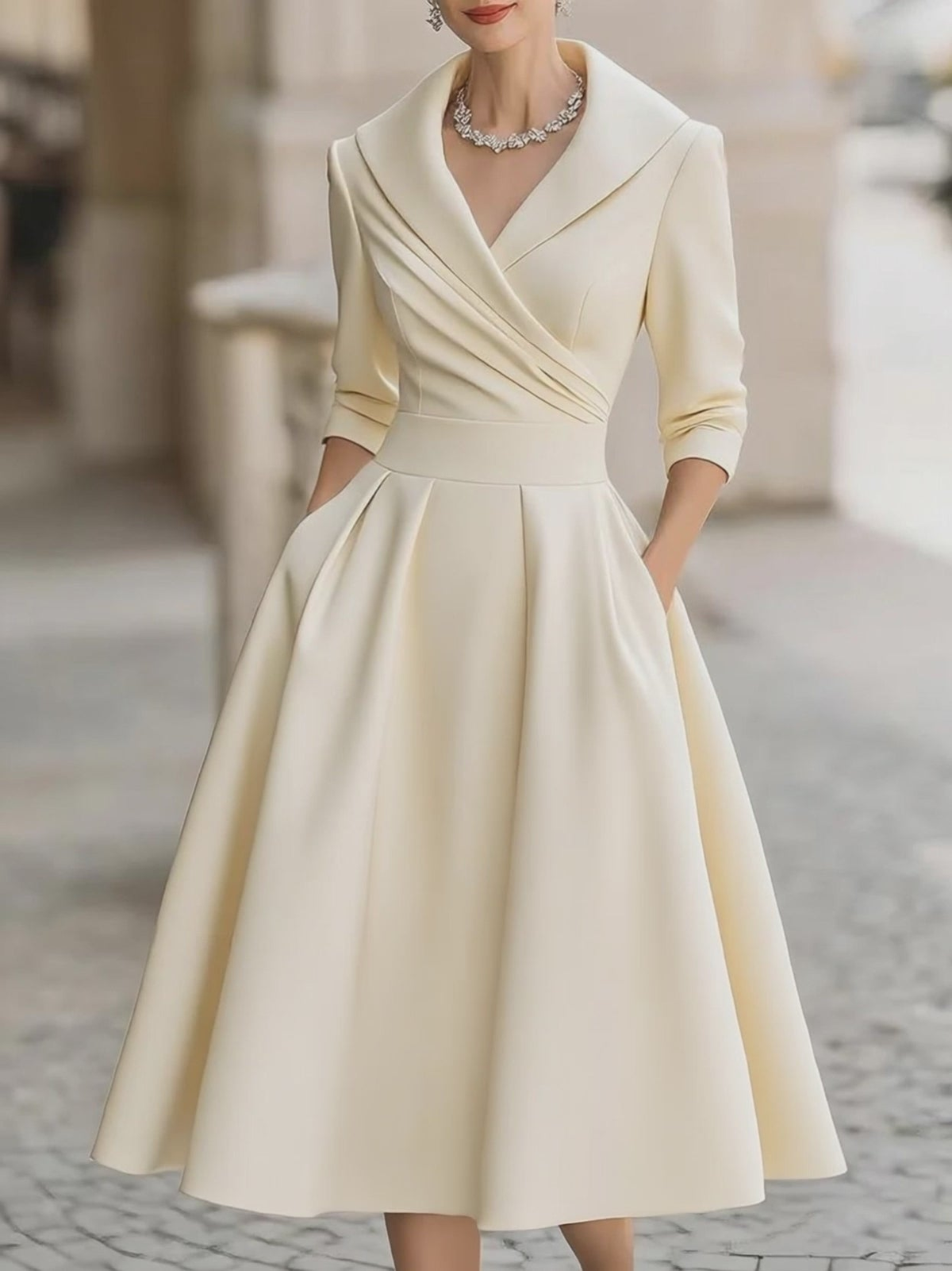 Robe Midi A-ligne en Satin Noir Élegante à Col V Plissé