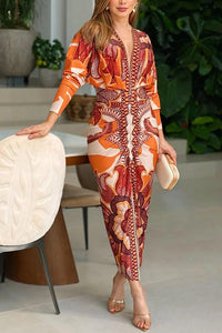 Robe Midi à Imprimé Unique avec Manches Dolman et Fente Froncée