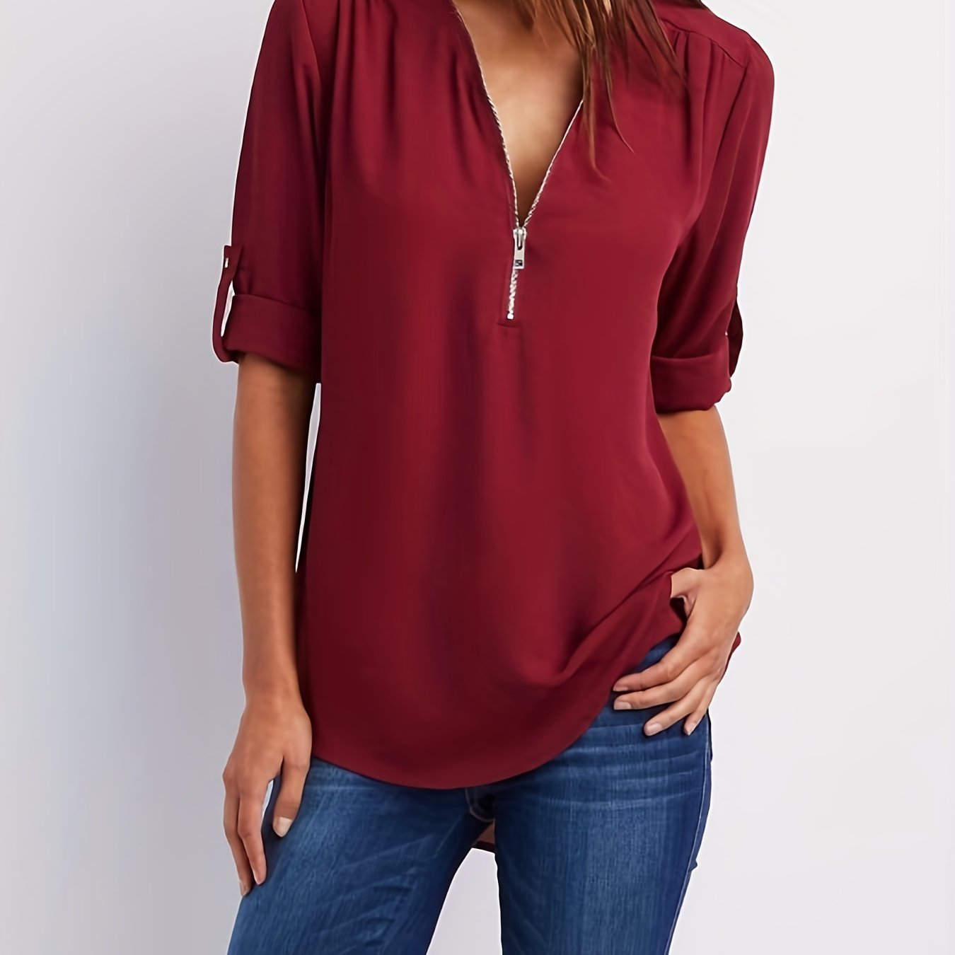 VIDAL BORDEAUX | BLOUSE À COL EN V ZIP POUR FEMMES
