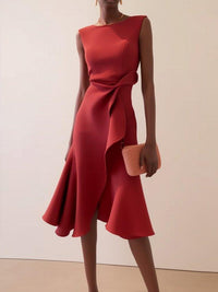 Robe Midi Élegante Sans Manches Rouge avec Torsion à la Taille pour le Jour et la Nuit