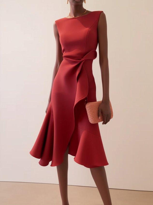 Robe Midi Élegante Sans Manches Rouge avec Torsion à la Taille pour le Jour et la Nuit