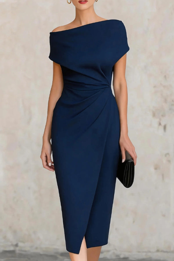 Robe Midi Plissée Slim-fit à Manches Courtes Élégante