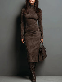 Robe Midi Suède à Col Montant et Manches Longues