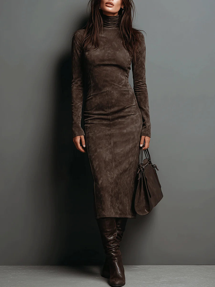Robe Midi Suède à Col Montant et Manches Longues