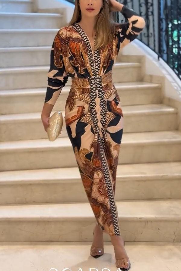 Robe Midi à Imprimé Unique avec Manches Dolman et Fente Froncée