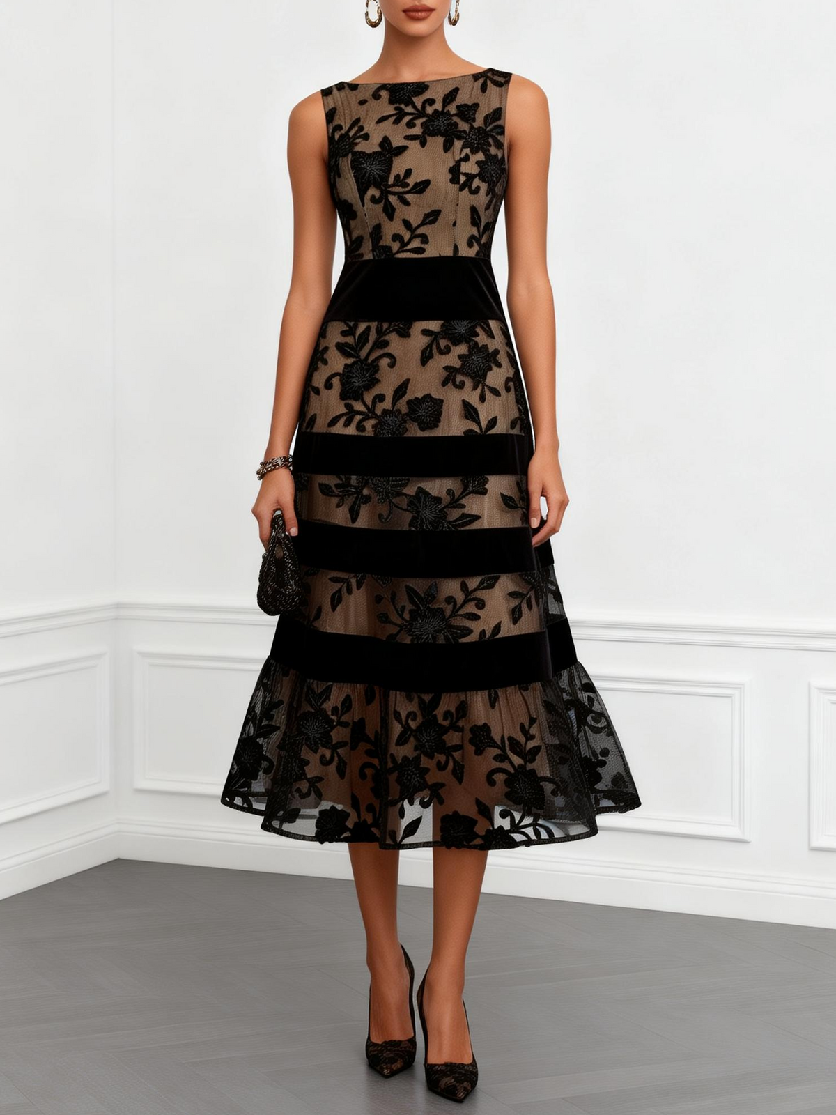 Robe Midi A-Ligne Sans Manches en Dentelle Noire avec Fleurs