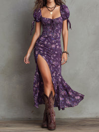 Robe Midi Boho à Fleurs Froncée avec Manches Bouffantes