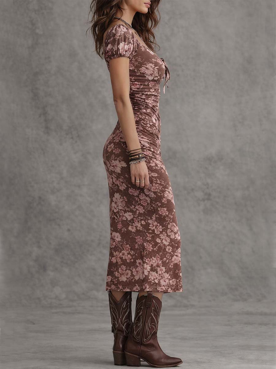 Robe Midi Bodycon à Manches Bouffantes et Fente en Coeur Doux
