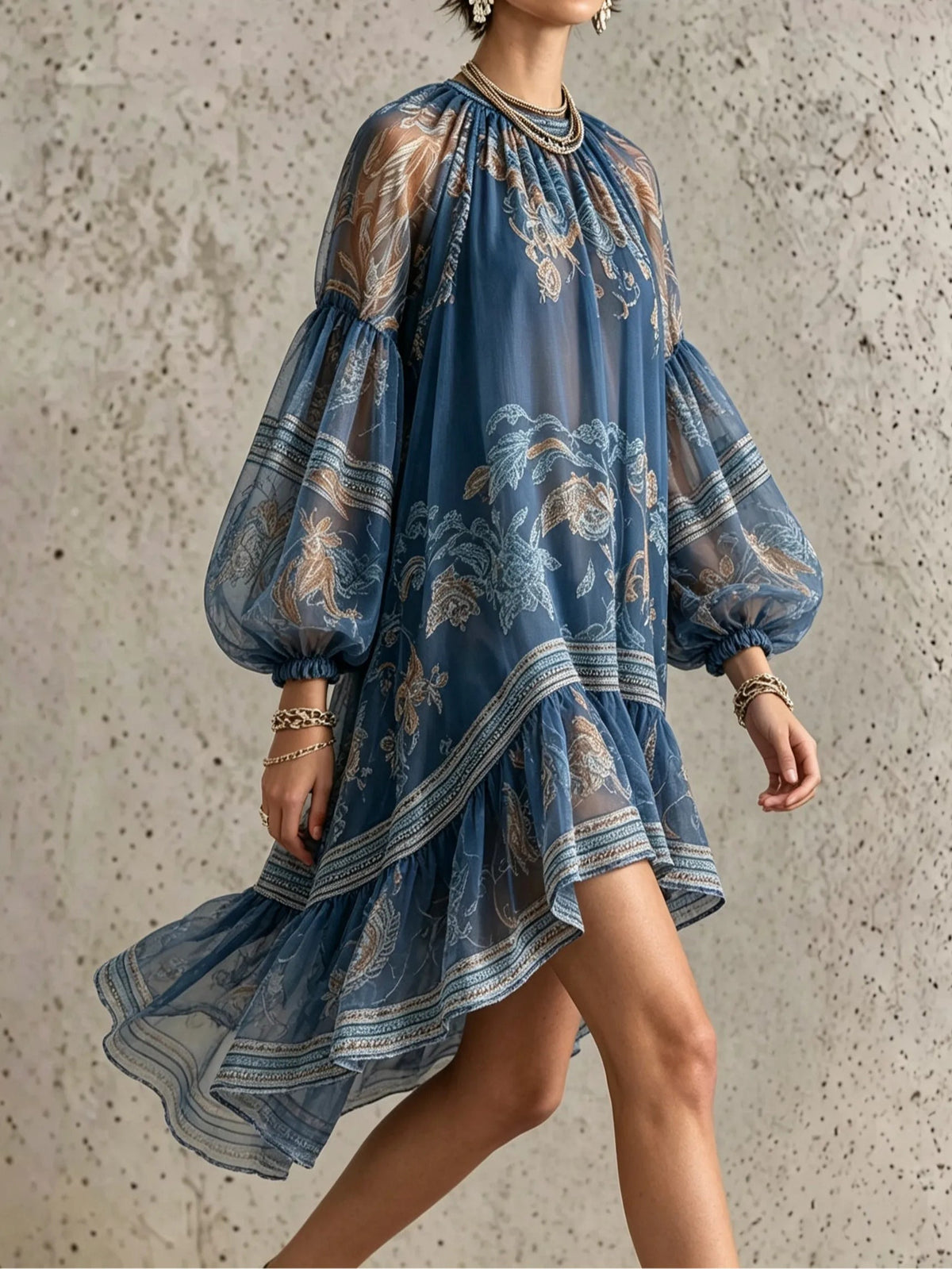 Robe mini vintage élégante à manches longues imprimée