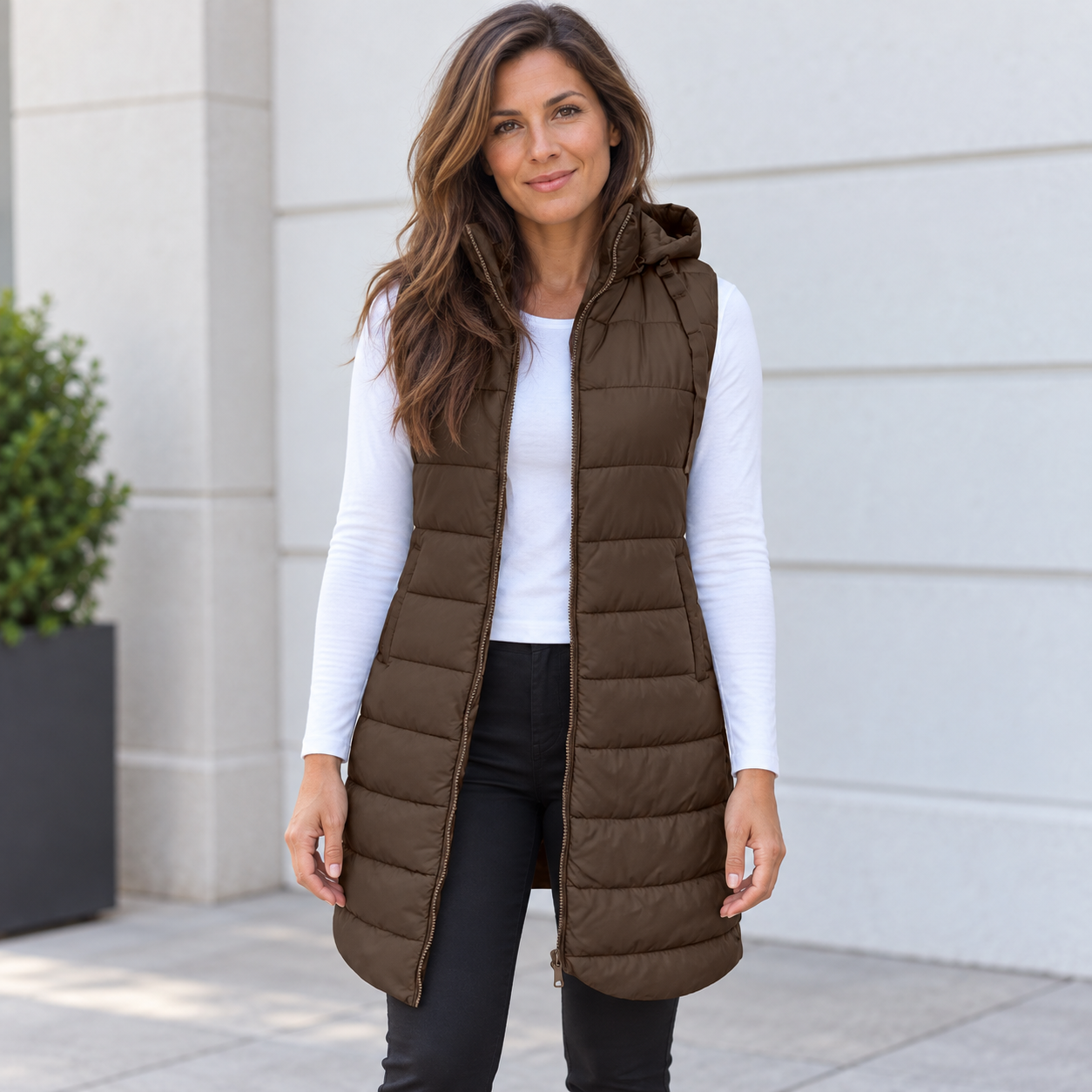 VIDAL BORDEAUX | GILET LONG MATELASSÉ À CAPUCHE POUR FEMMES