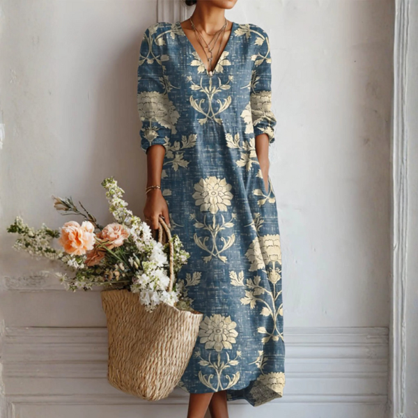 VIDAL BORDEAUX | ROBE MIDI EN LIN FLORAL ANCIEN POUR FEMMES