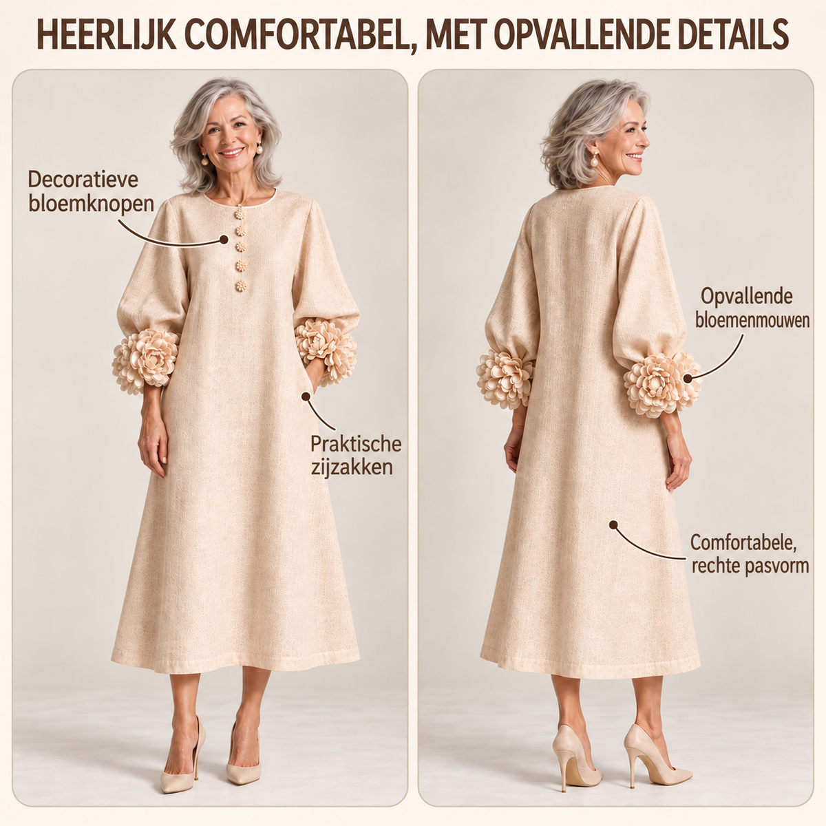 Robe Midi Beige à Fleurs avec Manches Étonnantes