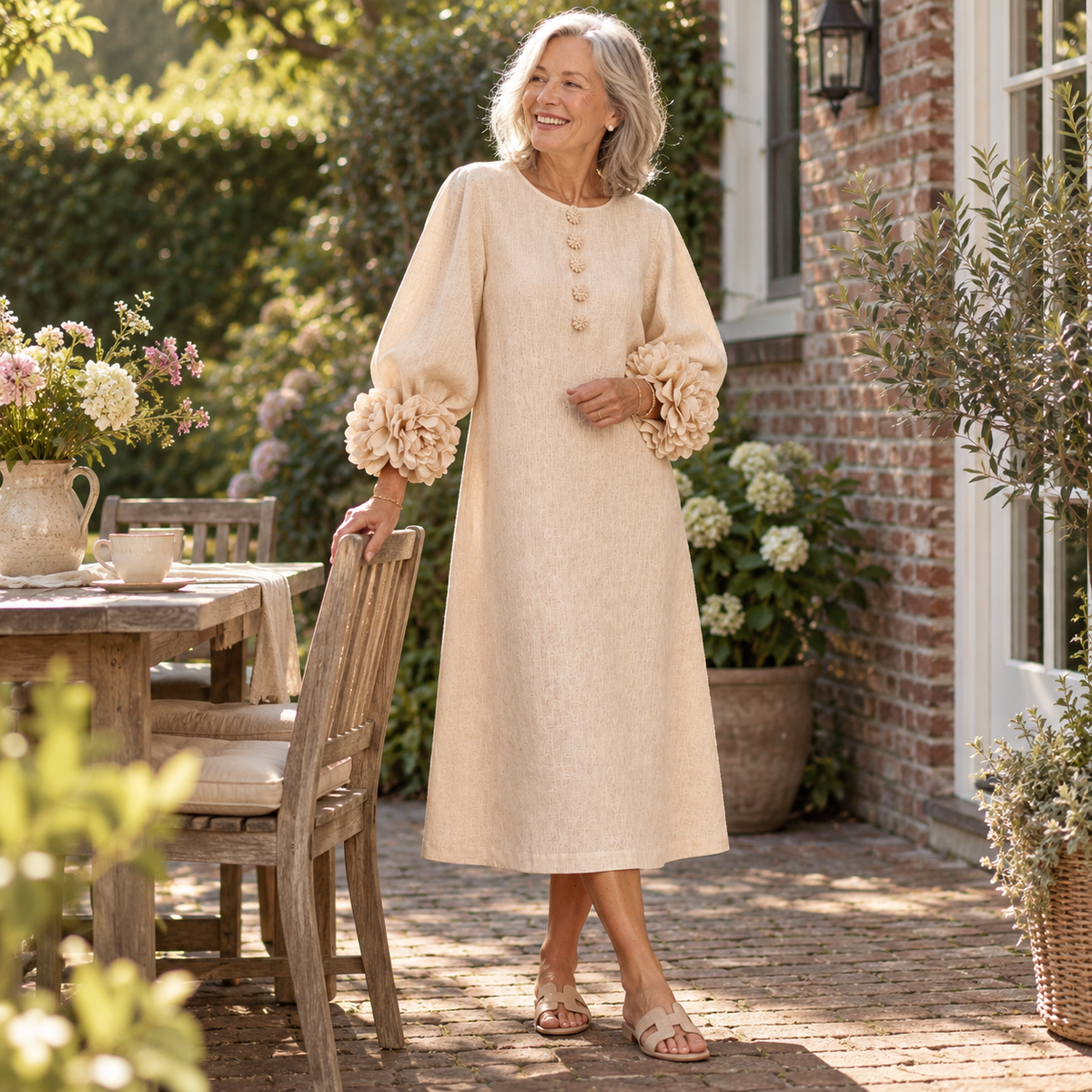 Robe Midi Beige à Fleurs avec Manches Étonnantes