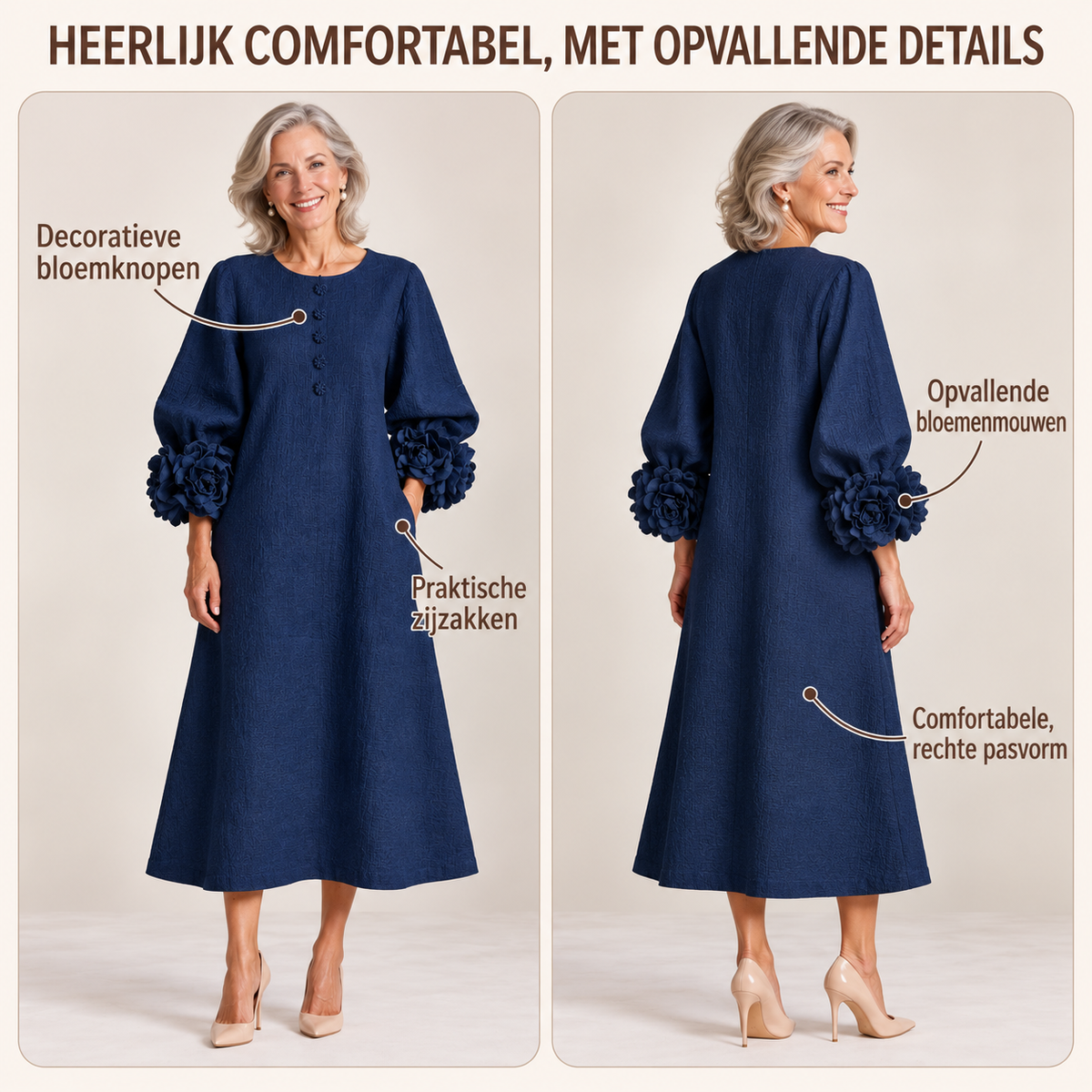 Robe Midi Boutonnée Bleu Marine avec Manches à Fleurs Étonnantes