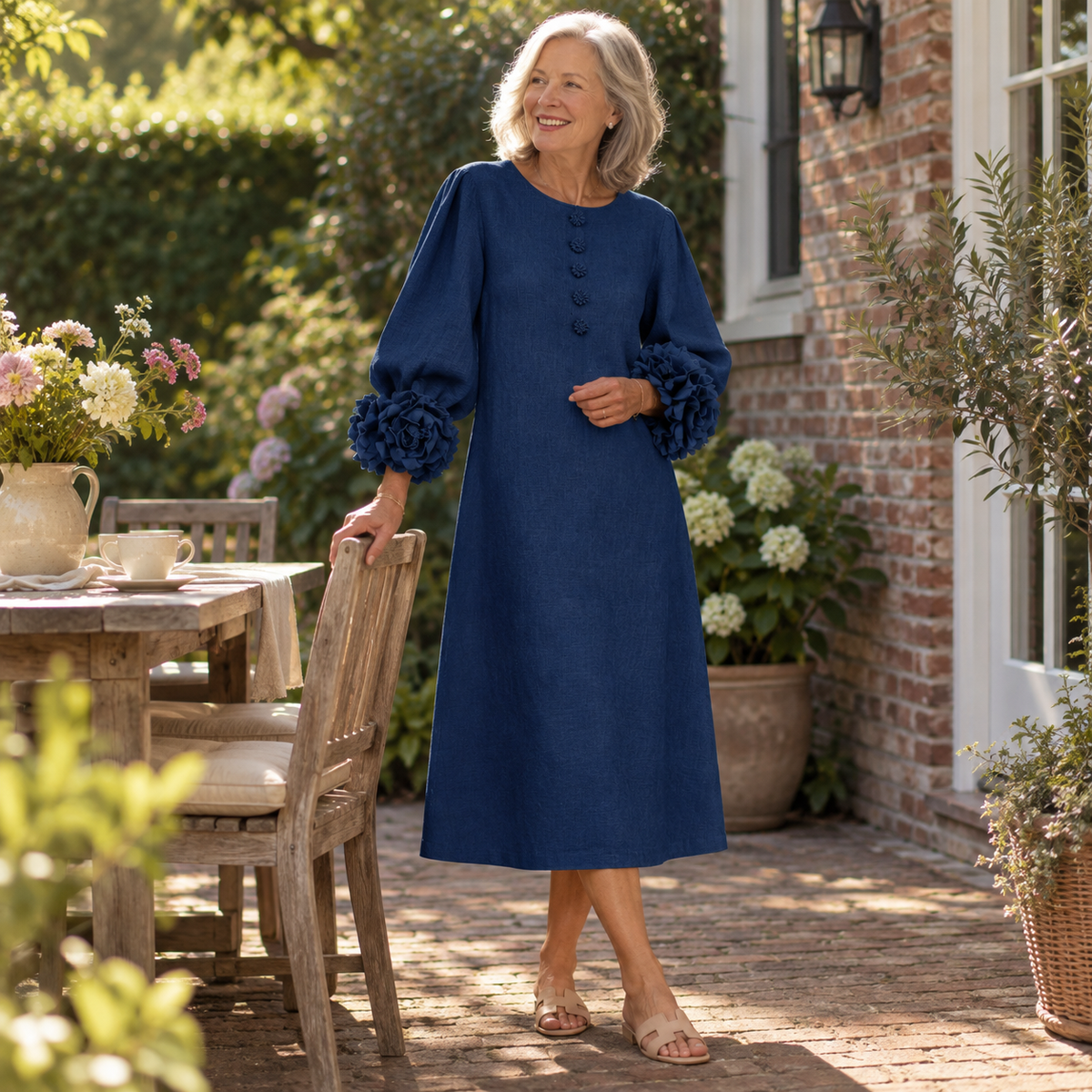 Robe Midi Boutonnée Bleu Marine avec Manches à Fleurs Étonnantes