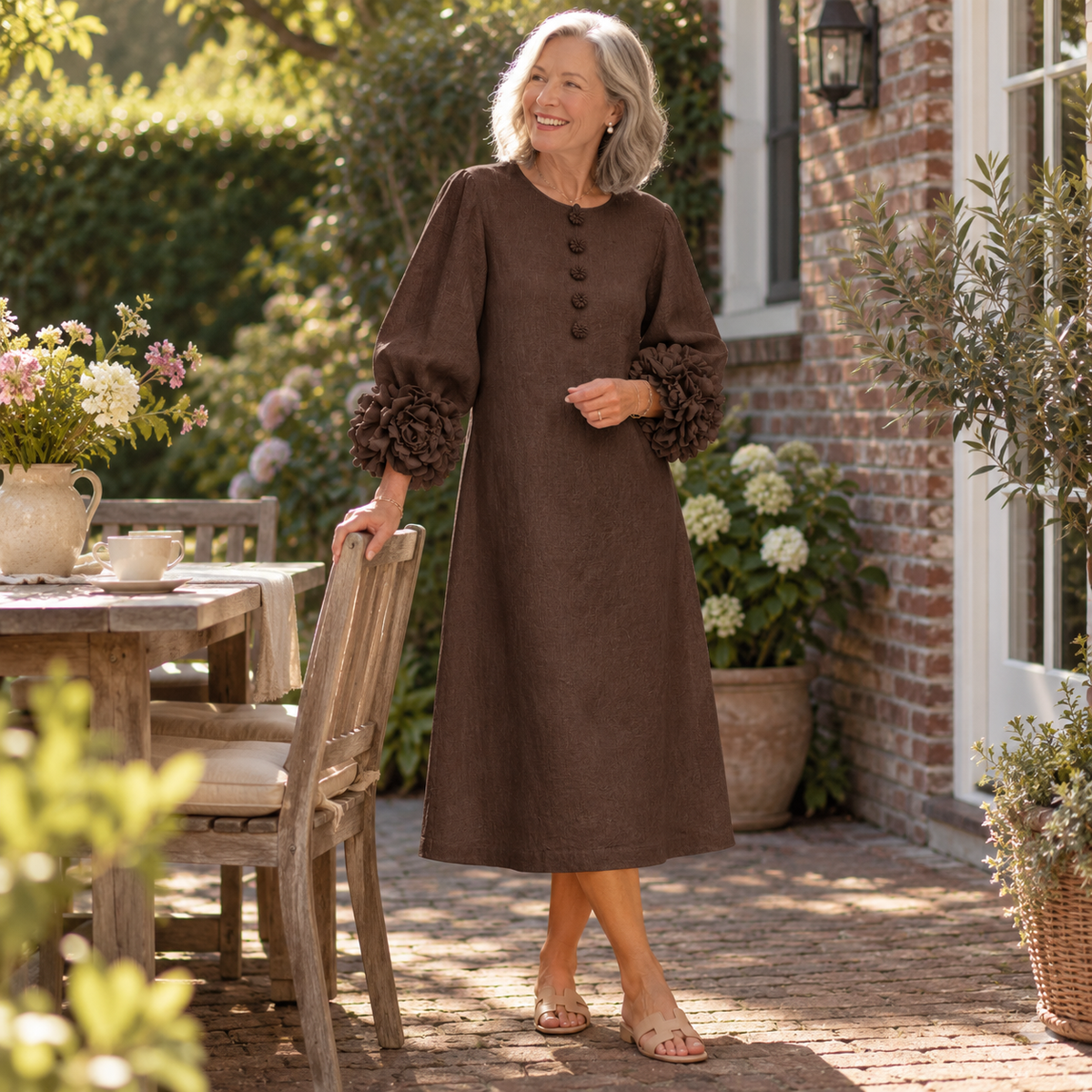 Robe Midi Chocolat Brun avec Manches à Fleurs Étonnantes