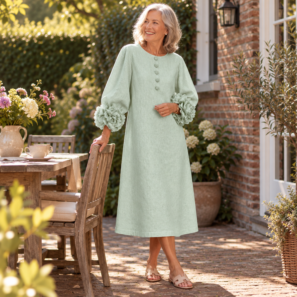Robe Midi À Boutonnage Sage Mist Avec Manches Fleuries Distinctives