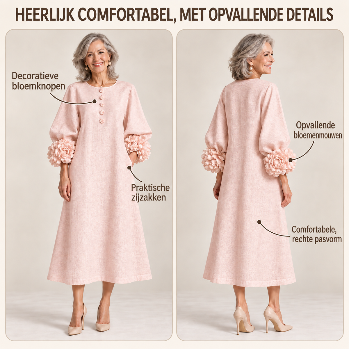 Robe Midi à Fleurs Roses avec Manches à Fleurs Étonnantes