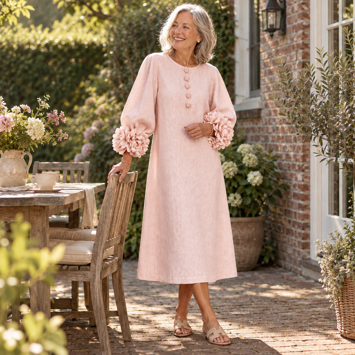 Robe Midi à Fleurs Roses avec Manches à Fleurs Étonnantes