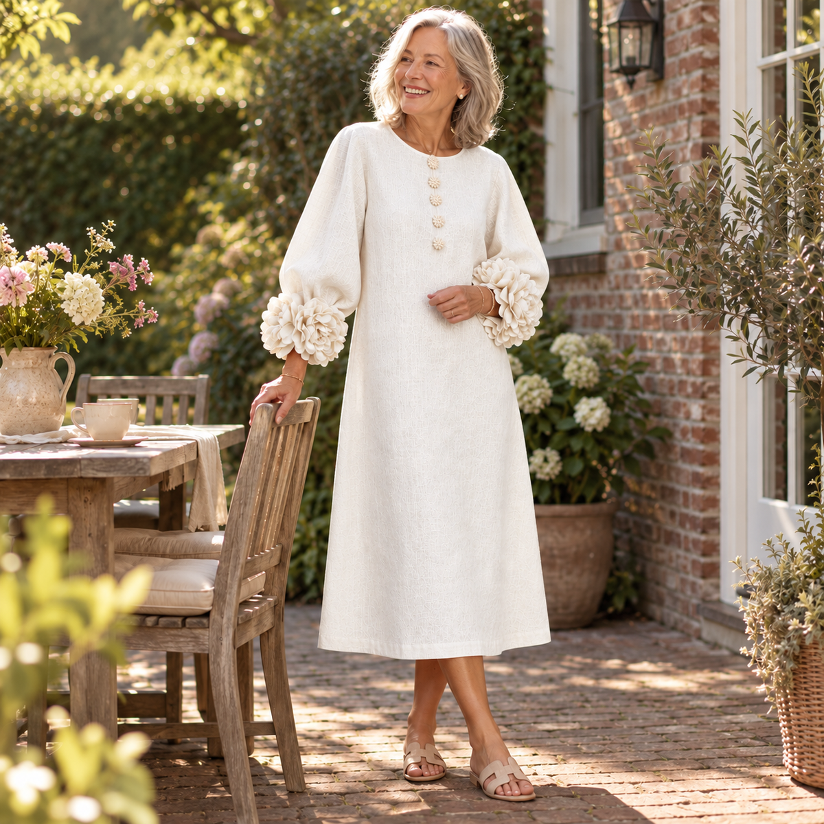 Robe Midi Fleurie Blanche Avec Des Manches Fleuries Étonnantes