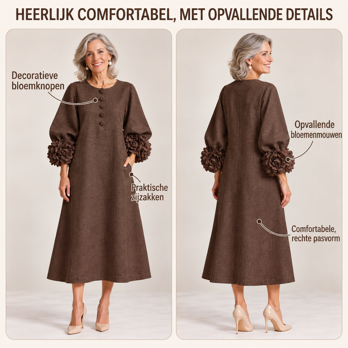 Robe Midi Chocolat Brun avec Manches à Fleurs Étonnantes
