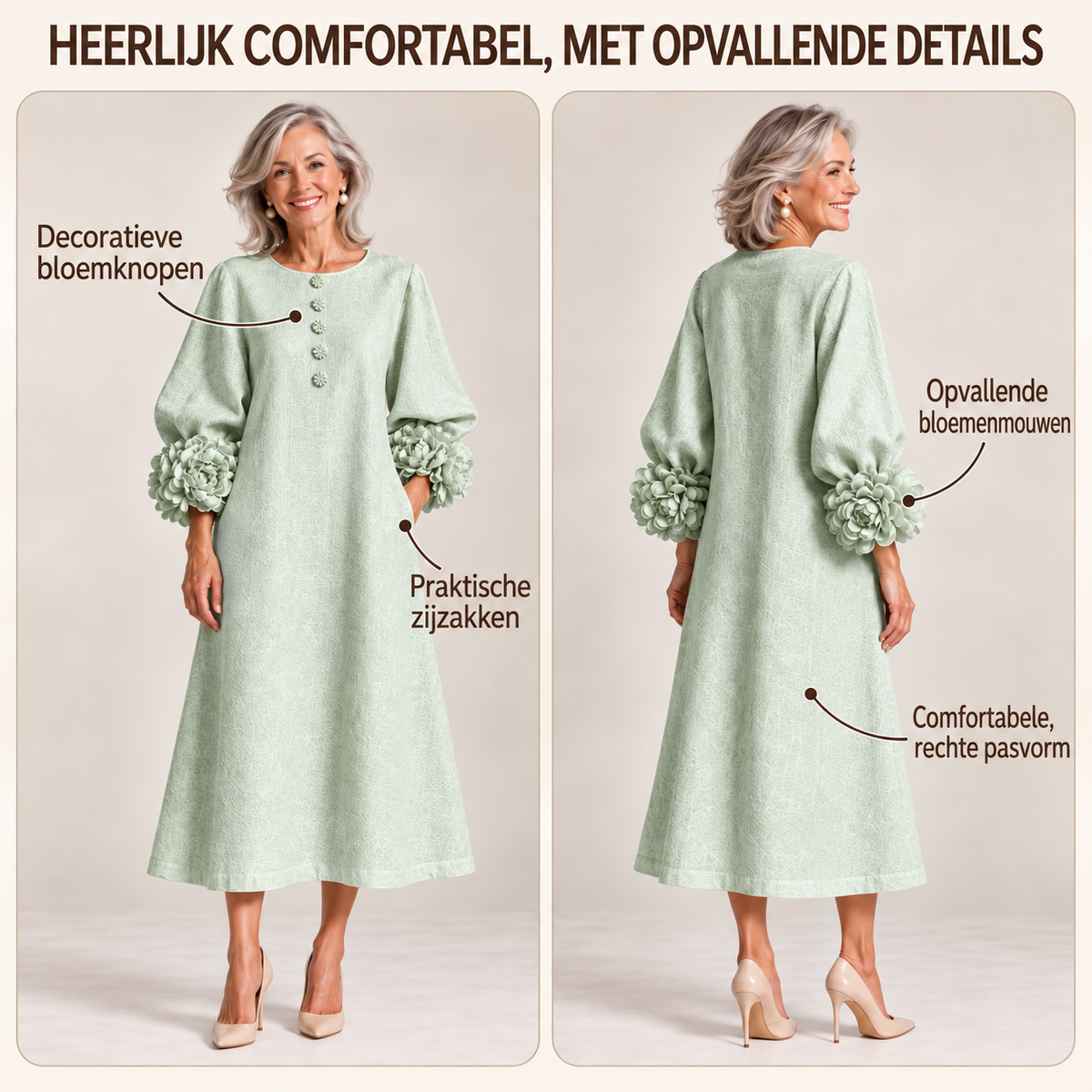 Robe Midi À Boutonnage Sage Mist Avec Manches Fleuries Distinctives