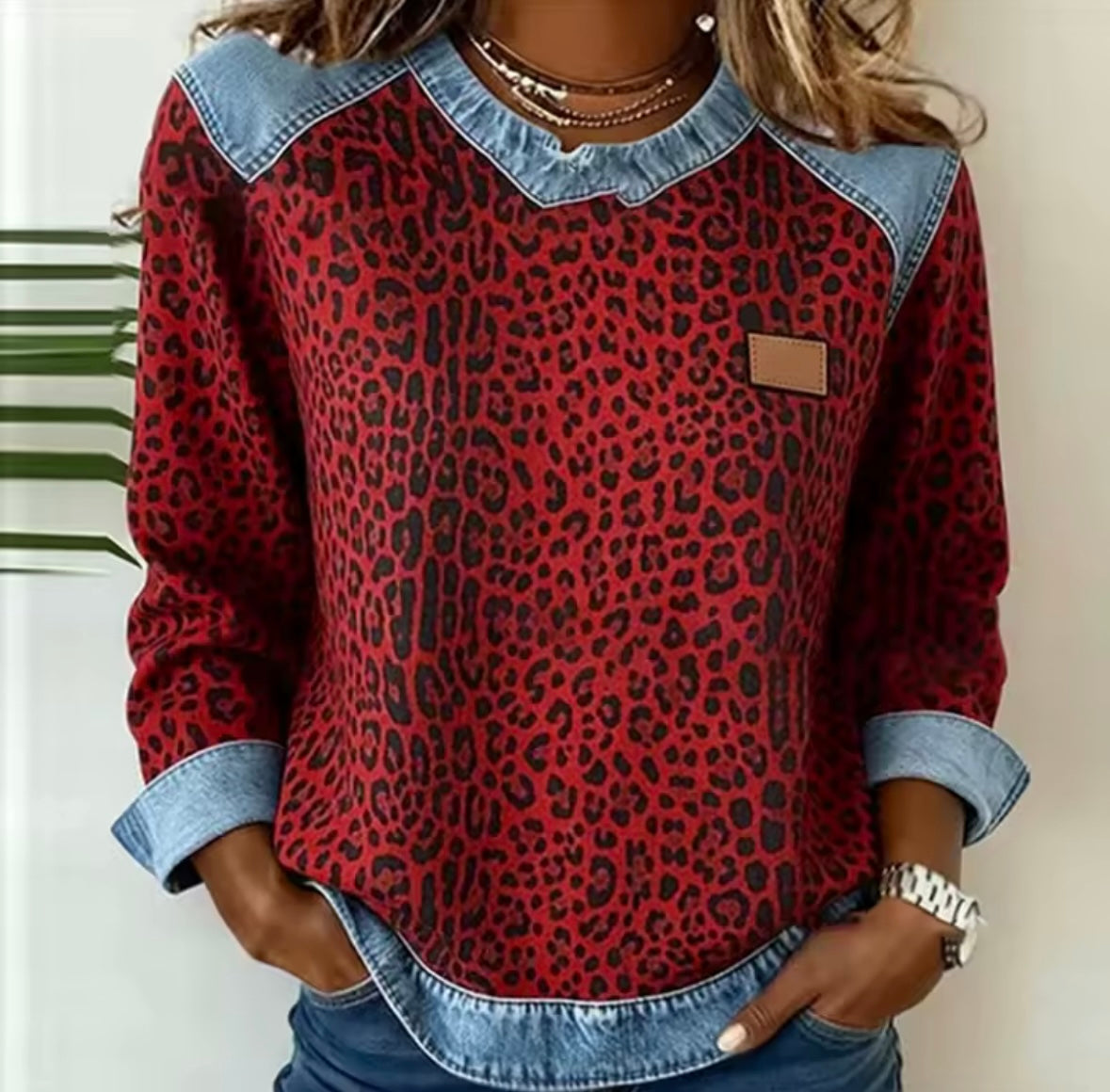 Hollyn™ | Pull à Imprimé Léopard avec Col en Jean
