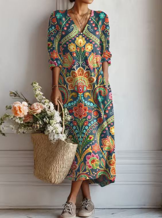 VIDAL BORDEAUX | ROBE MIDI EN LIN FLORAL ANCIEN POUR FEMMES