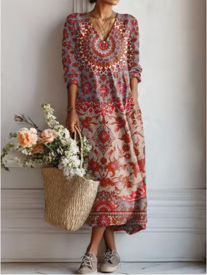 VIDAL BORDEAUX | ROBE MIDI EN LIN FLORAL ANCIEN POUR FEMMES
