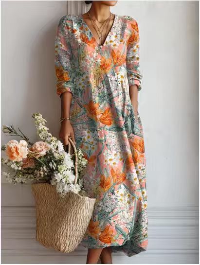 VIDAL BORDEAUX | ROBE MIDI EN LIN FLORAL ANCIEN POUR FEMMES