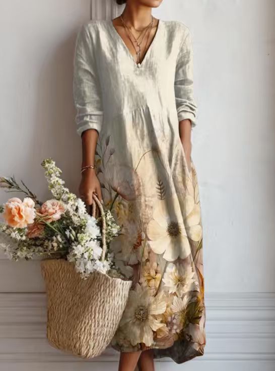VIDAL BORDEAUX | ROBE MIDI EN LIN FLORAL ANCIEN POUR FEMMES