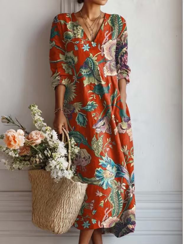 VIDAL BORDEAUX | ROBE MIDI EN LIN FLORAL ANCIEN POUR FEMMES