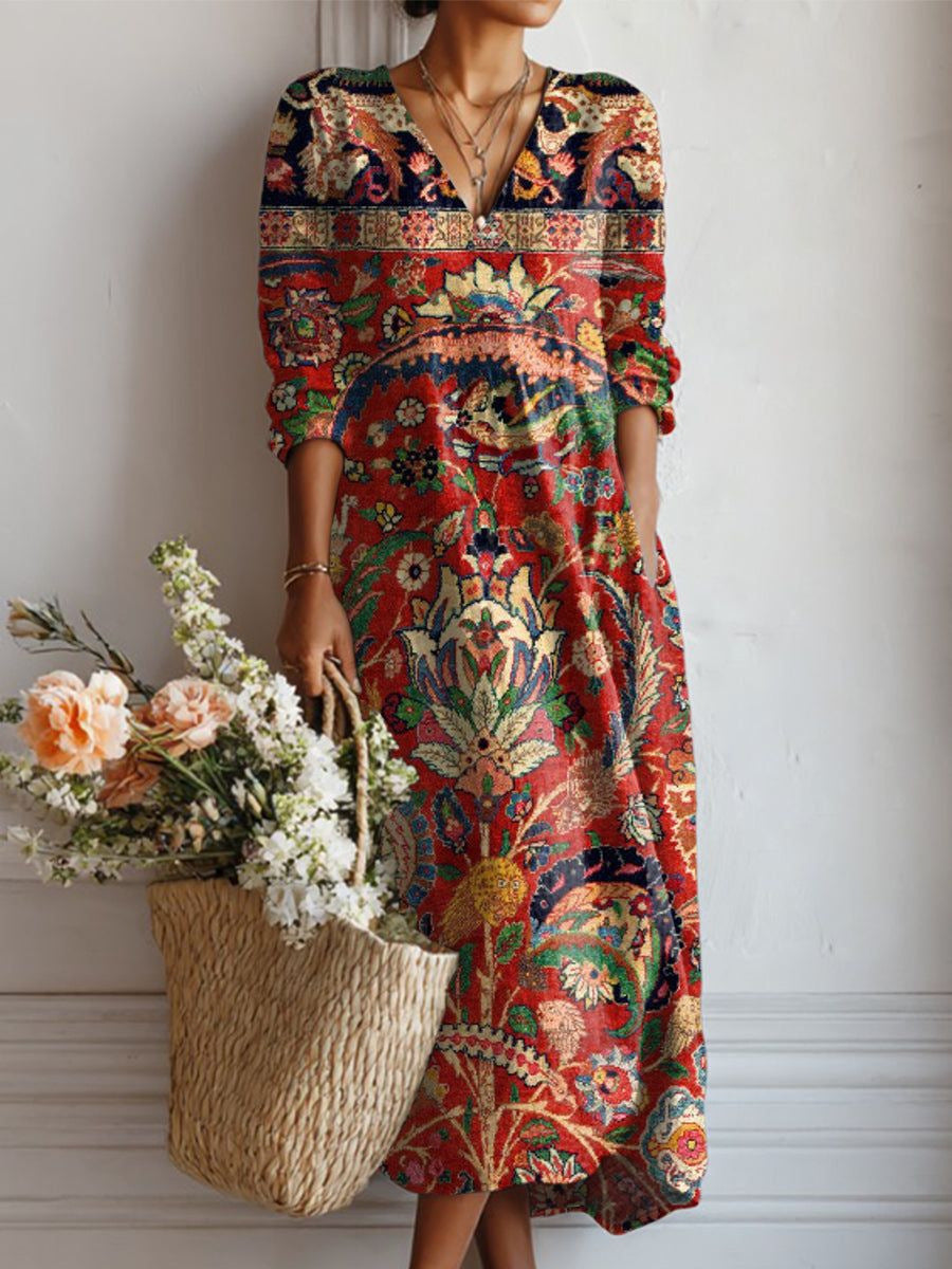 VIDAL BORDEAUX | ROBE MIDI EN LIN FLORAL ANCIEN POUR FEMMES