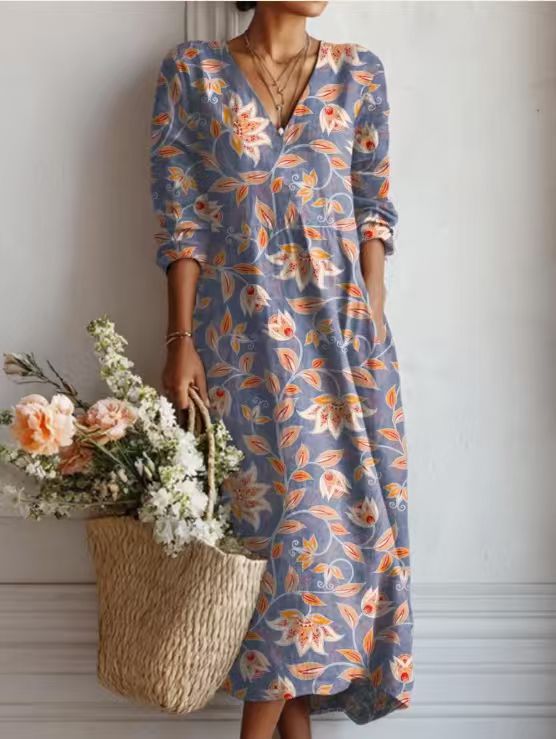 VIDAL BORDEAUX | ROBE MIDI EN LIN FLORAL ANCIEN POUR FEMMES