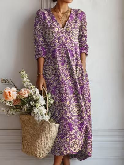 VIDAL BORDEAUX | ROBE MIDI EN LIN FLORAL ANCIEN POUR FEMMES