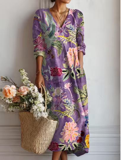 VIDAL BORDEAUX | ROBE MIDI EN LIN FLORAL ANCIEN POUR FEMMES