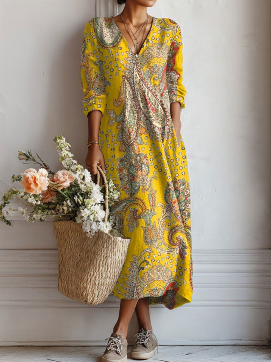 VIDAL BORDEAUX | ROBE MIDI EN LIN FLORAL ANCIEN POUR FEMMES