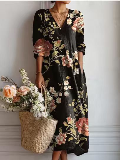 VIDAL BORDEAUX | ROBE MIDI EN LIN FLORAL ANCIEN POUR FEMMES