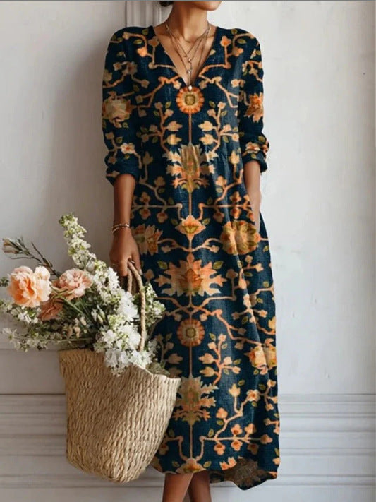 VIDAL BORDEAUX | ROBE MIDI EN LIN FLORAL ANCIEN POUR FEMMES