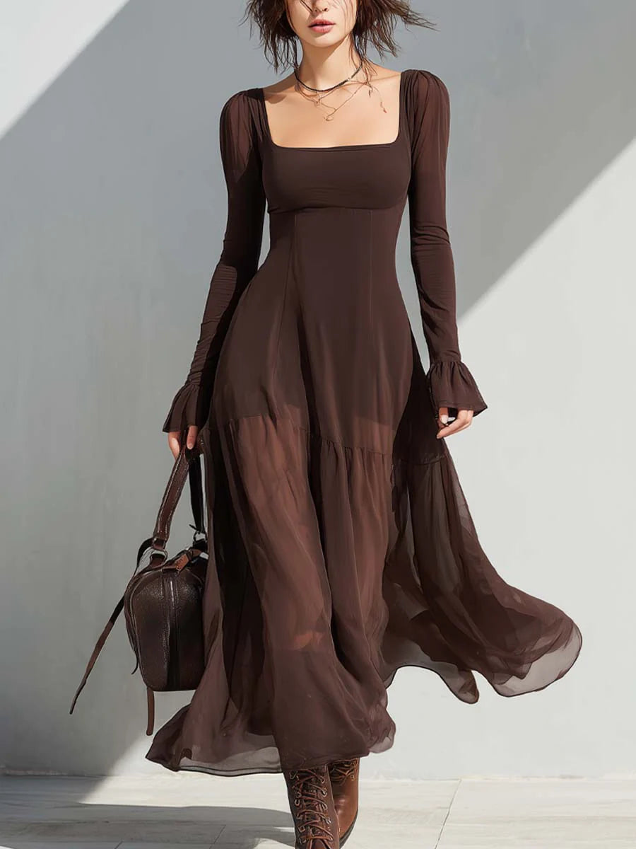 Robe Midi Évasée à Col Carré et Manches Transparentes Vintage