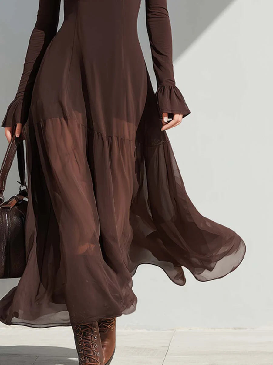 Robe Midi Évasée à Col Carré et Manches Transparentes Vintage