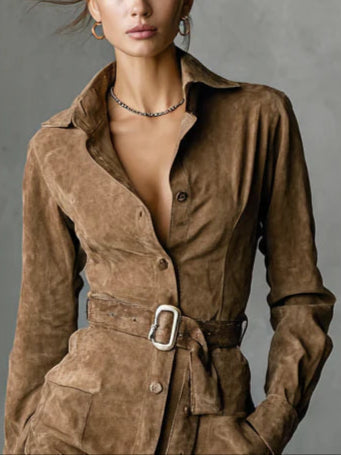 Robe Midi en Suède à Bouton Unique avec Col Revers et Manches Longues (Ceinture non incluse)