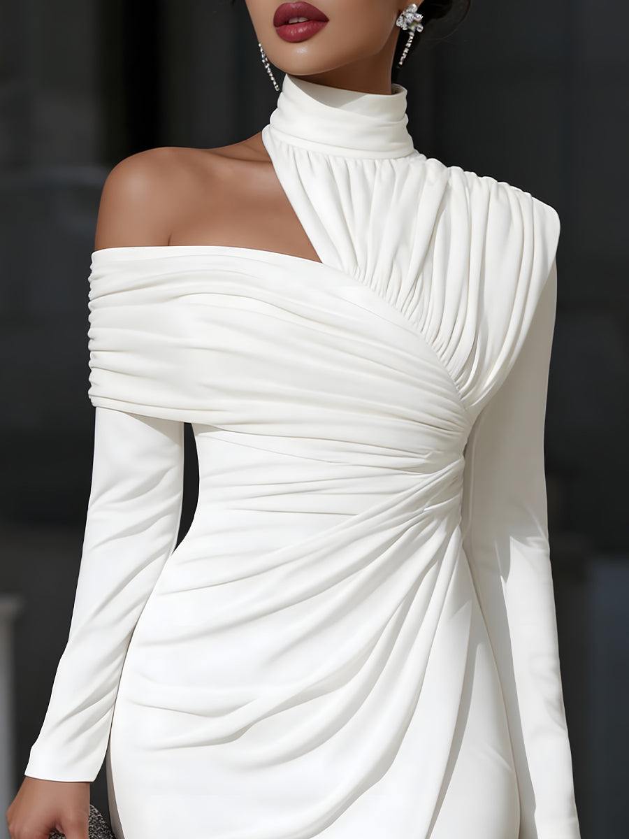 Robe Midi Blanche Asymétrique Drapée Col Haut Épaule Unique