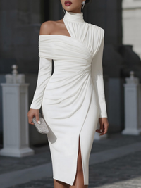 Robe Midi Blanche Asymétrique Drapée Col Haut Épaule Unique