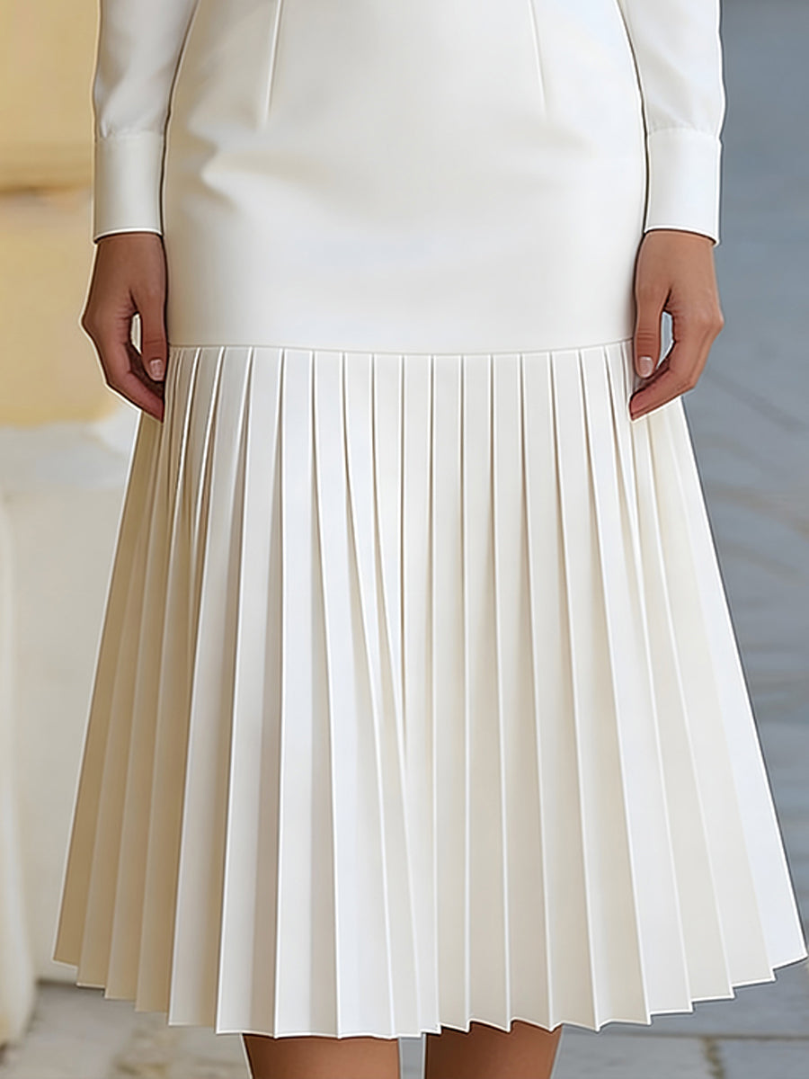 Robe Midi Plissée à Manches Longues Blanche (avec ceinture)