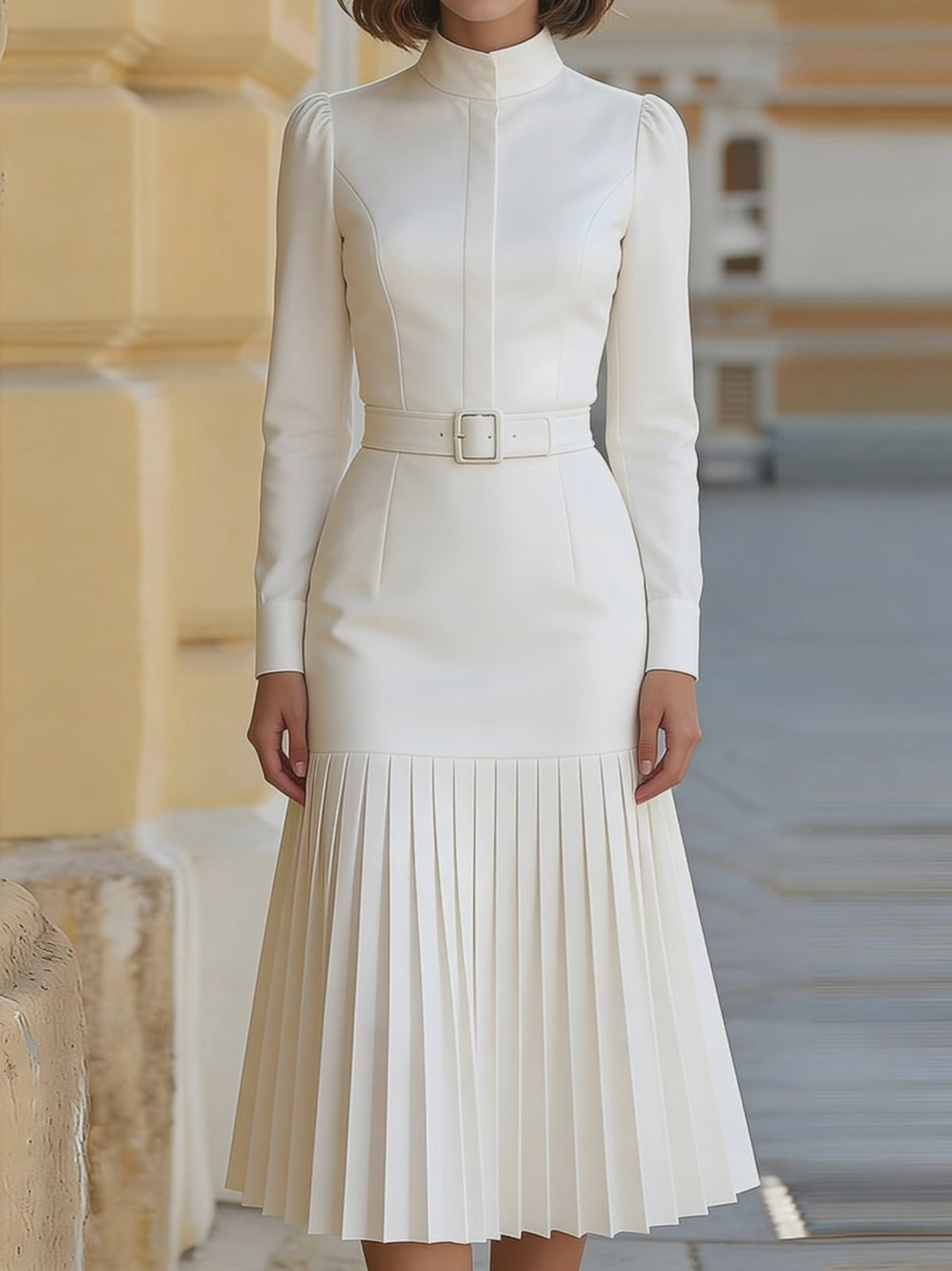 Robe Midi Plissée à Manches Longues Blanche (avec ceinture)