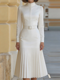 Robe Midi Plissée à Manches Longues Blanche (avec ceinture)